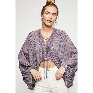 Free People Lilia Lace-Up Blouse Rare Ballon Sleeve Purple Lavender Size S